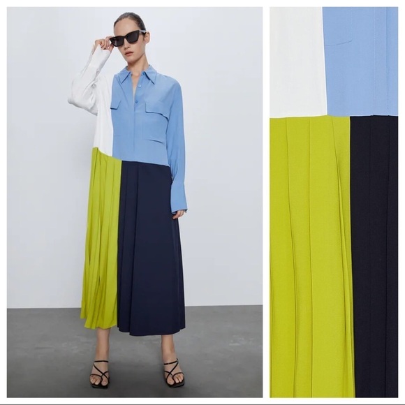 NWOT. Zara Pleated Patchwork Midi Dress. Size XS. - Picture 1 of 15